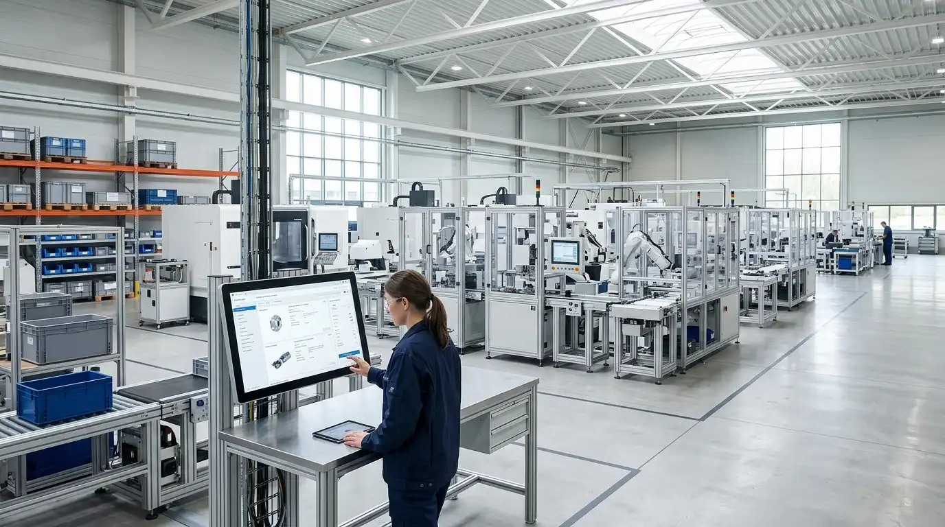 Modern production line with automated machinery and a digital catalog station