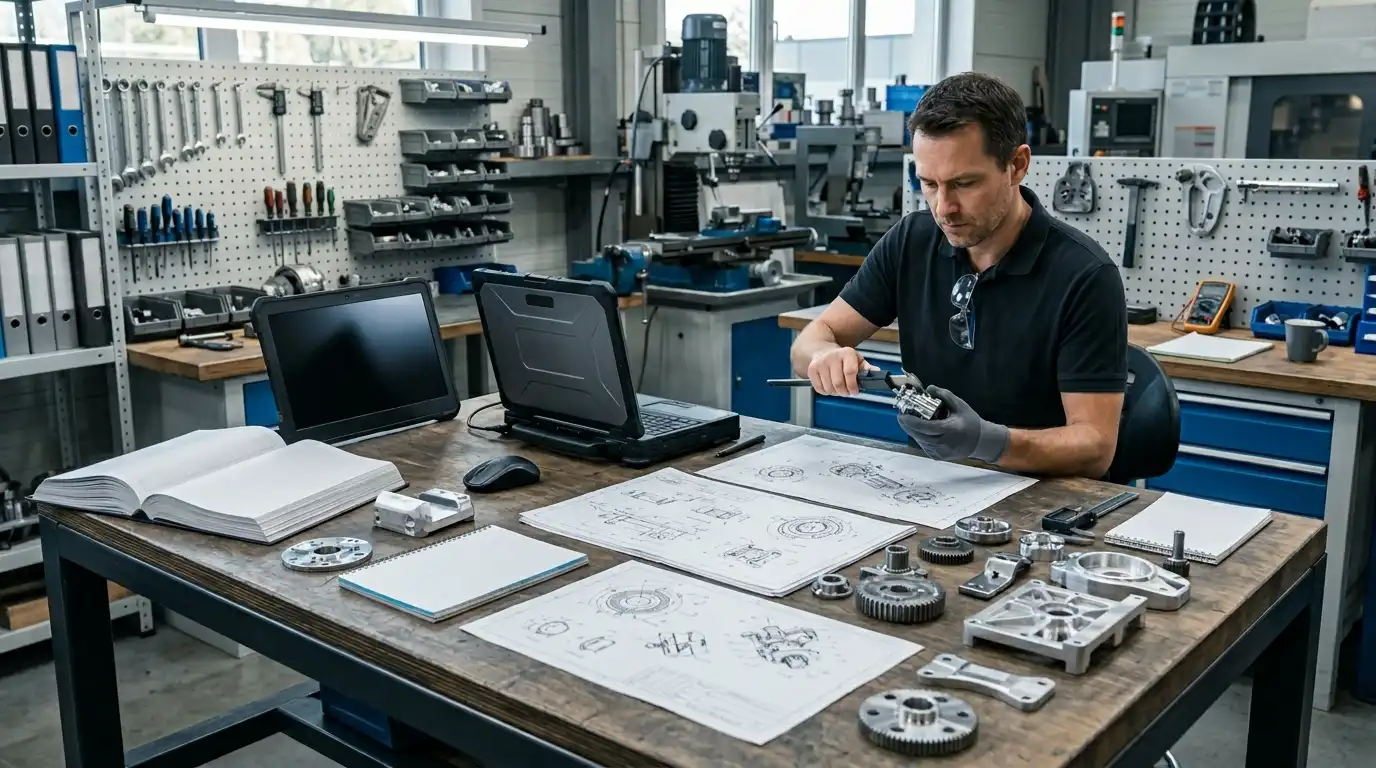 Engineering review desk with machined parts, technical drawings, and a workstation laptop