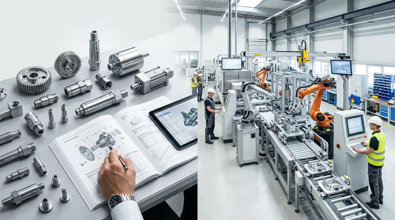 Industrial catalog workflow desk with metal parts, drawings, and technical review tools