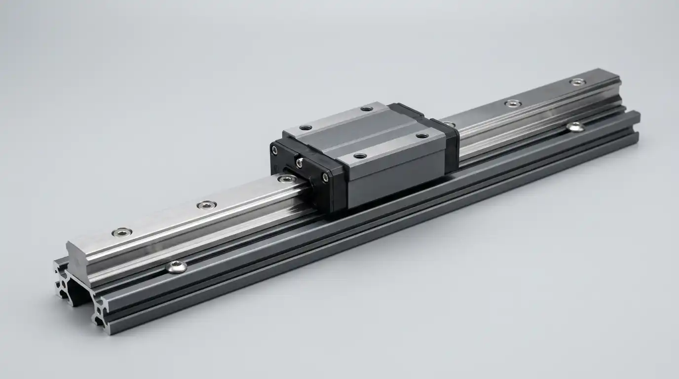 Linear guide rail product photo on a neutral industrial background